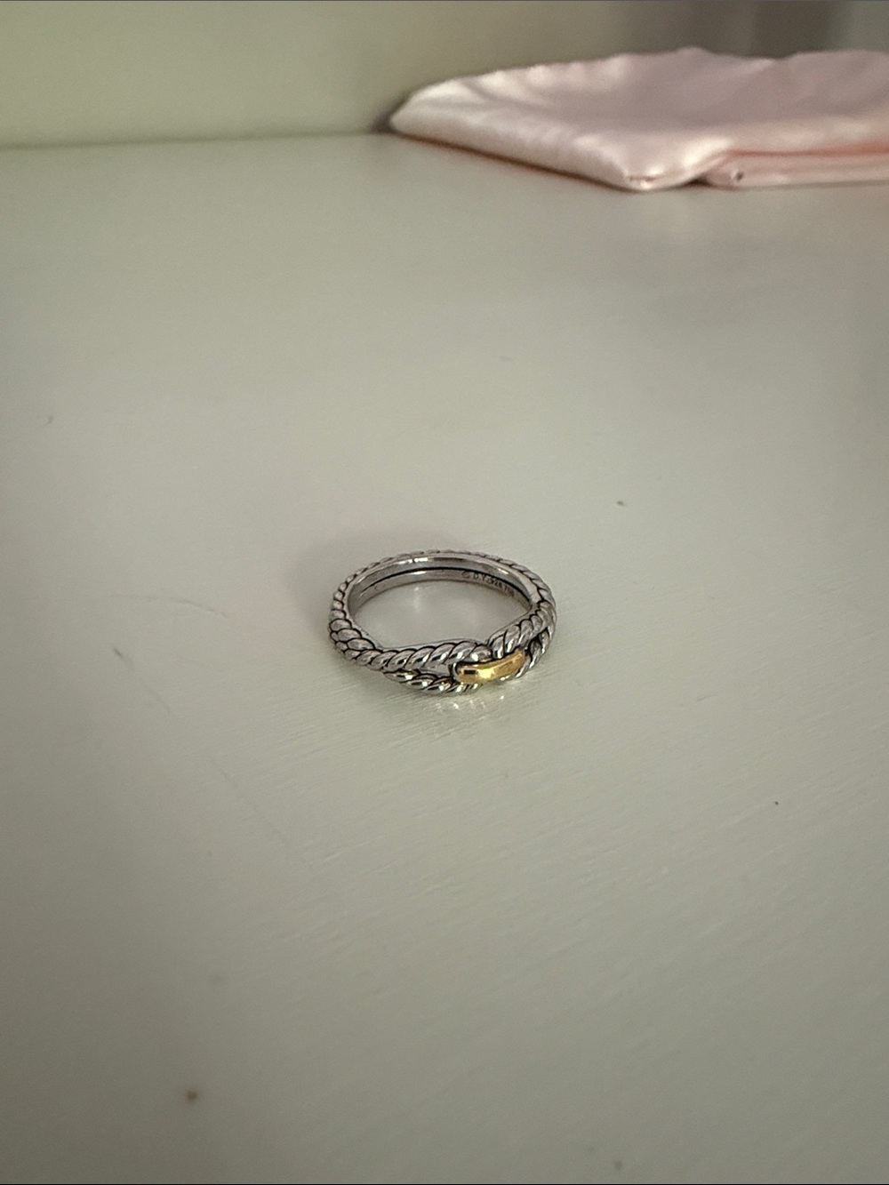 Twisted Silver Stack Ring with Gold Accent